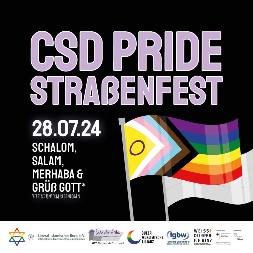 Das Bild beinhaltet einen Hinweistext auf das Straßenfest des CSD am 28.07.2024.